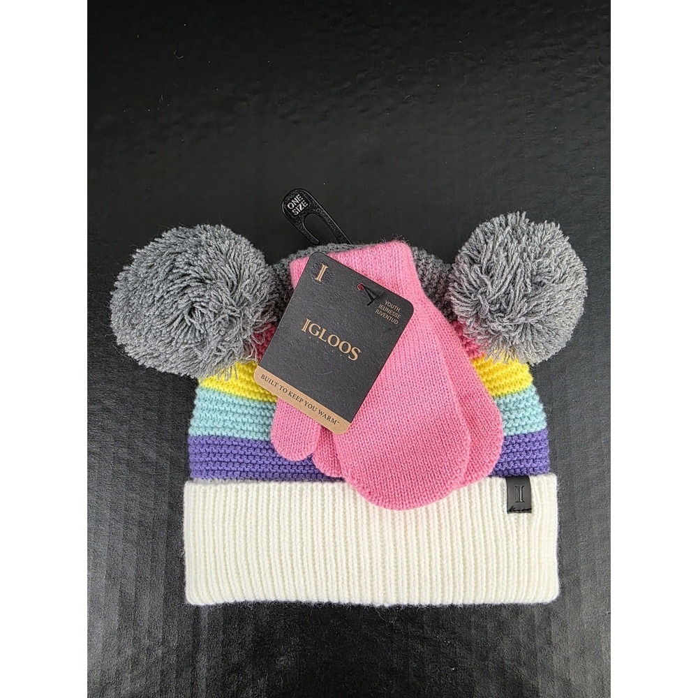 Igloos Youth Girls Rainbow Stripe Beanie and‎ Mittens Set Pink Grey OS NWT